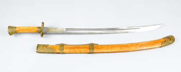 Chinese Imperial guard sword with damascene blade and gilted bamboo-decoration and script signs