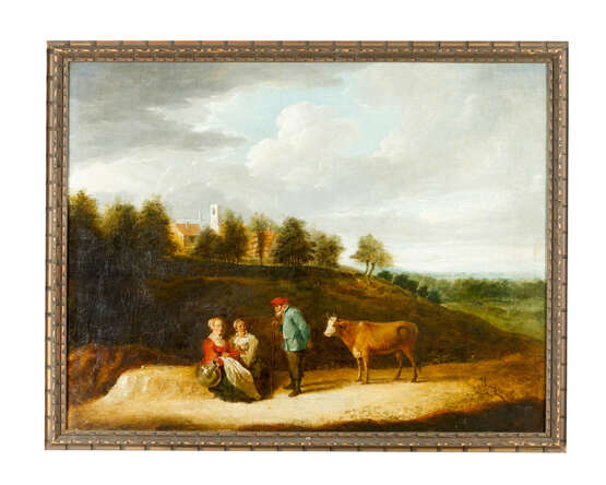 David Teniers the younger (1610-1690)-attributed a shepherd with two women and a cow in landscape in front of a village - фото 1