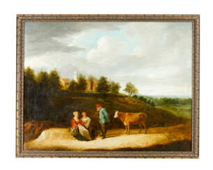 David Teniers the younger (1610-1690)-attributed a shepherd with two women and a cow in landscape in front of a village