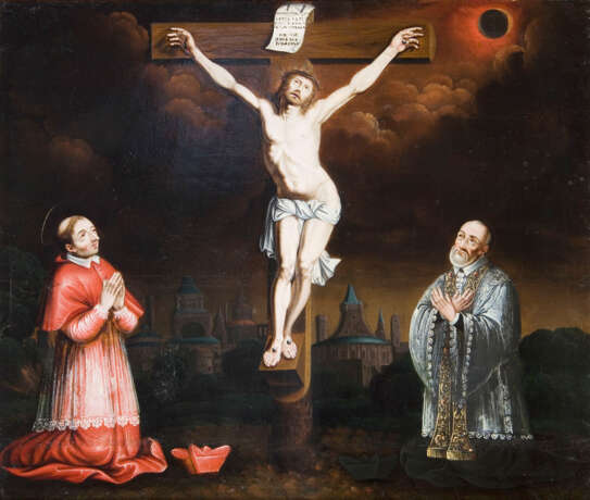ALTMEISTER 16.-17. JAHRHUNDERT. Christus am Kreuz mit zwei Randheiligen. - Foto 1