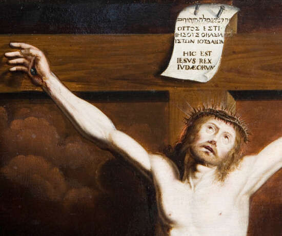 ALTMEISTER 16.-17. JAHRHUNDERT. Christus am Kreuz mit zwei Randheiligen. - фото 2