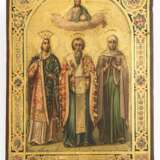Ikone mit drei Heiligen, goldpunzierter Fond. - Foto 1
