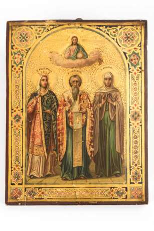 Ikone mit drei Heiligen, goldpunzierter Fond. - Foto 1