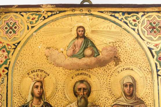Ikone mit drei Heiligen, goldpunzierter Fond. - photo 2