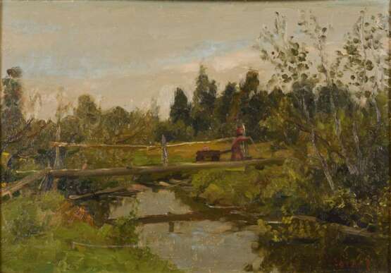 Russischer Maler: Flusslandschaft mit Brücke. - Foto 1