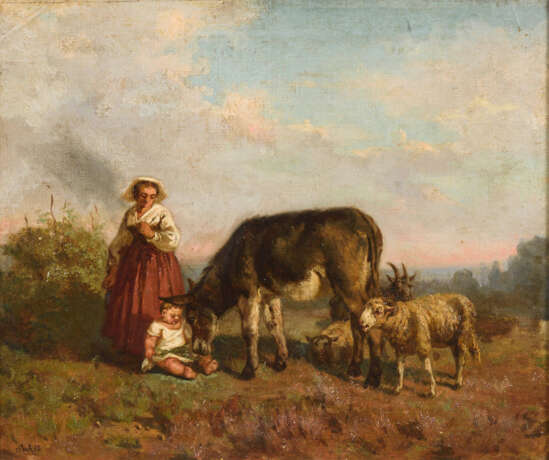 Monogrammist "WA": Bäuerliche Szene mit Esel und Familie. - photo 1