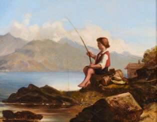 Biedermeier-Maler: Junger Angler am Gebirgssee.