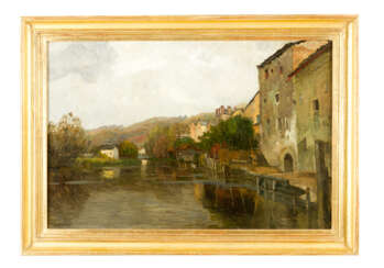 Gilbert Canal (1849-1927) river with houses in landscape