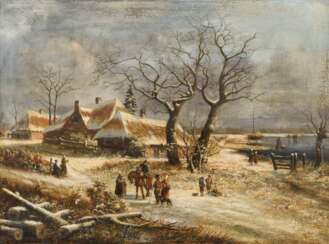 KNIP, Joseph August (1777 Tilborg - 1847 Berlicum/'s-Hertogenbosch). Knip, J.: Fischerdorf im Winter mit Staffage.