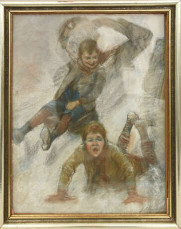 GUSTAV SCHRÄGLE, "Spaß im Schnee", Pastellkreide auf Papier, hinter Glas gerahmt, signiert und datiert - photo 1