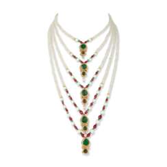 CULTURED PEARL, ROCK CRYSTAL AND GEM-SET NECKLACE