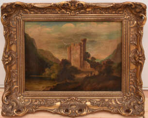 UNBEKANNTER KÜNSTLER, "Romantische Landschaft mit Ruine" Öl auf Leinwand, gerahmt, 1. Hälfte 19. Jahrhundert