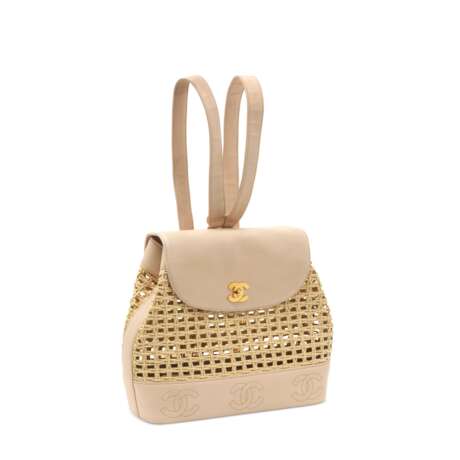 A BEIGE LAMBSKIN LEATHER & WICKER BACKPACK WITH GOLD HARDWARE - photo 2