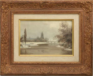 NIKOLAI GERHARD VON GRÜNEWALDT,"Winterliche Flusslandschaft", Öl auf Pappe, gerahmt, signiert und datiert