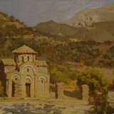 Painting “Byzantine church in the mountains”, Fiberboard, Oil paint, Contemporary realism, Landscape painting, Russia, 2010 - photo 1