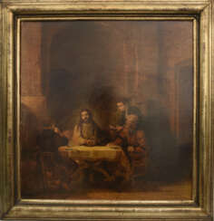 "CHRISTUS IN EMMAUS", Öldruck auf Pappe, nach Rembrandt (1648), gerahmt, frühes 20. Jahrhundert