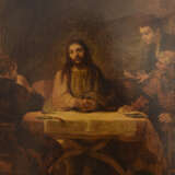 "CHRISTUS IN EMMAUS", Öldruck auf Pappe, nach Rembrandt (1648), gerahmt, frühes 20. Jahrhundert - photo 2