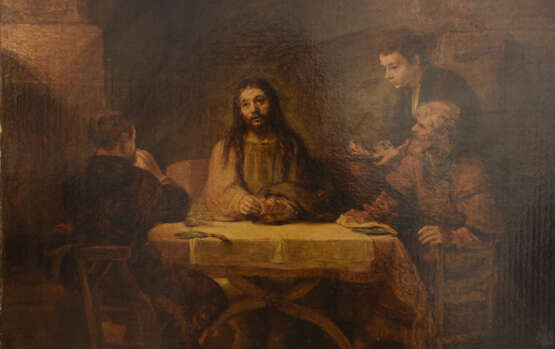 "CHRISTUS IN EMMAUS", Öldruck auf Pappe, nach Rembrandt (1648), gerahmt, frühes 20. Jahrhundert - photo 2
