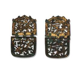 A PAIR OF GILT-BRONZE OPENWORK HINGED FITTINGS