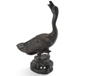 A BRONZE DUCK-FORM CENSER AND COVER