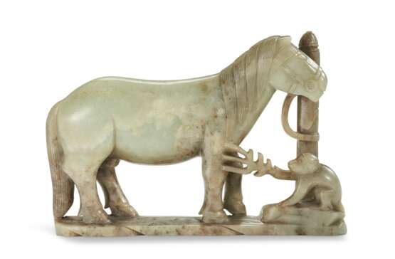 A LARGE GREYISH-GREEN JADE CARVING OF A HORSE AND MONKEY - photo 1
