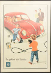 VW-PLAKAT "Er gehört zur Familie", hinter Glas gerahmt, Deutschland um 1960