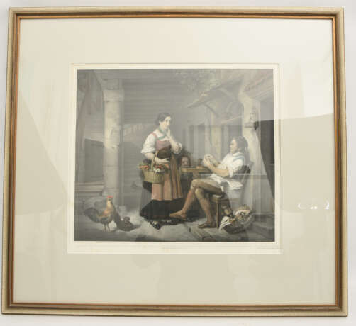 "BAUERNFAMILIE BEIM VESPER", polychromer Druck nach J. Woelfle, hinter Glas gerahmt, Mitte 19. Jahrhundert - photo 1