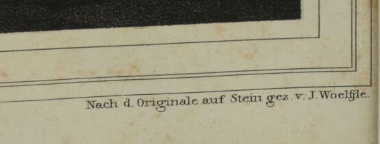 "BAUERNFAMILIE BEIM VESPER", polychromer Druck nach J. Woelfle, hinter Glas gerahmt, Mitte 19. Jahrhundert - photo 2