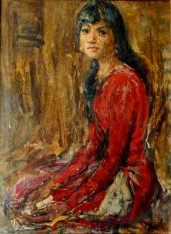 Девушка в красном платье Чуйков Семён Афанасьевич Leinwand Öl Realismus des 20. Jahrhunderts Porträt UdSSR (1922-1991) 1948 - Foto 4