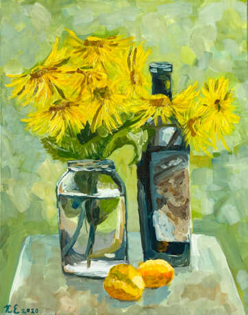 Painting “Still life with flowers and wine”, Canvas on the subframe, Oil, Still life, Russia, 2020 - photo 1