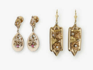 Zwei Paar Ohrgehänge mit Perlen, Rubinen und Diamanten, Frankreich und Deutschland, um 1860 
