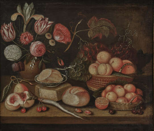 Italien, 17. Jahrhundert , Stillleben mit Früchten, Blumen, Brotlaib und Rettich - фото 1