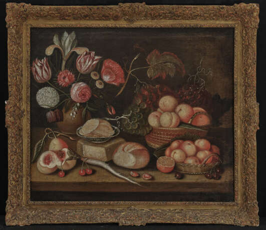 Italien, 17. Jahrhundert , Stillleben mit Früchten, Blumen, Brotlaib und Rettich - Foto 2