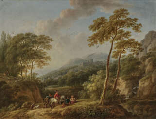 Caspar (Johann Caspar) Schneider, zugeschrieben , Bewaldete Felsenlandschaft mit rastenden Bauern - Flusslandschaft mit Fischern und ziehendem Bauernpaar 