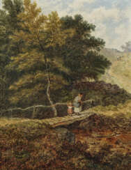 J. Holland, 2. Hälfte 19. Jahrhundert , Waldbäche mit Holzbrücken und Figurenstaffage