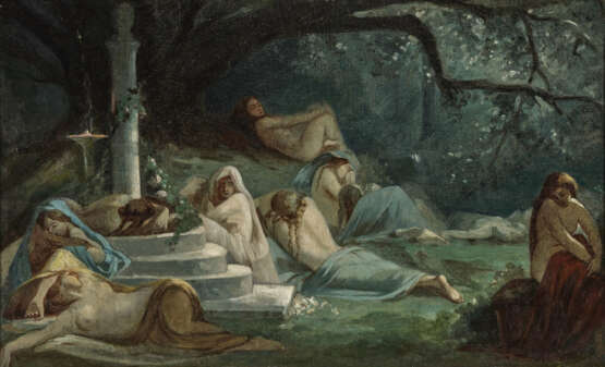 Unbekannt (Umkreis Kazimierz Alchimowicz, 1840 Dziembrów - 1916 Warschau?), 19. Jahrhundert , Schlafende Nymphen an einer Gedenksäule im Wald - фото 1
