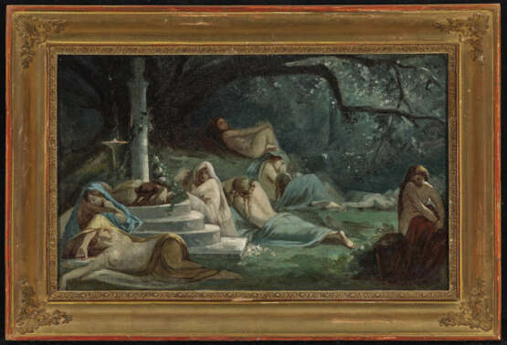 Unbekannt (Umkreis Kazimierz Alchimowicz, 1840 Dziembrów - 1916 Warschau?), 19. Jahrhundert , Schlafende Nymphen an einer Gedenksäule im Wald - фото 2