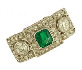 RING FILIGRAN, 950 Platin Diamond 1,4ct Smaragd Vintage Bj.1920 Gr.57 Handarbeit