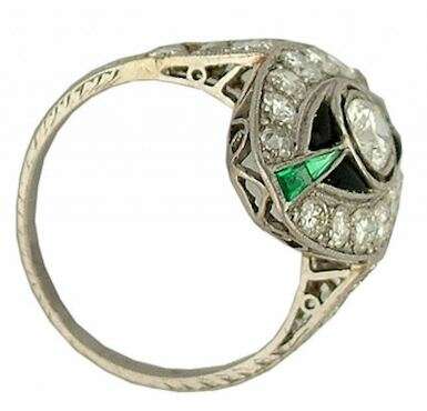 RING FILIGRAN, 950 Platin Diamond 1,3ct Smaragd Vintage Bj.1920 Gr.54 - Foto 3