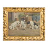 PODEYN, M. (Maler/in 19./20. Jahrhundert), "Drei Hundewelpen mit Maus und Katze", - Foto 1