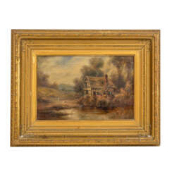 STINTON, G. (Maler/in Ende 19. Jahrhundert), "Romantische Landschaft mit Fachwerkhaus am See",