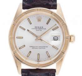 ROLEX OYSTER PERPETUAL DATE, 18kt Gelbgold Automatik Armband Leder 34mm open 6/9 Ref.1501 Vintage Bj.1968 Box&Pap. LC EU