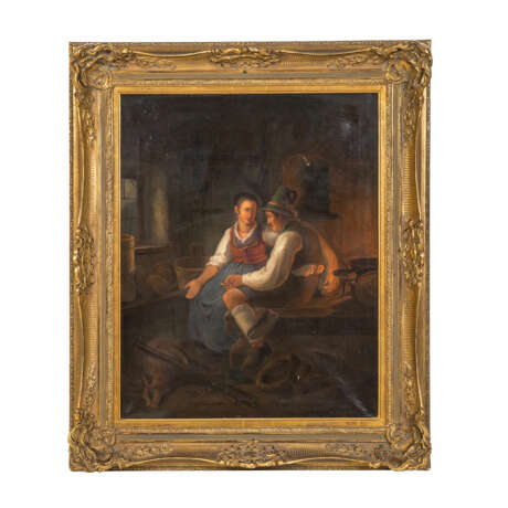 BECK, J. (Maler/in 19. Jahrhundert), "Junges Jägerpaar in der Stube", - Foto 1