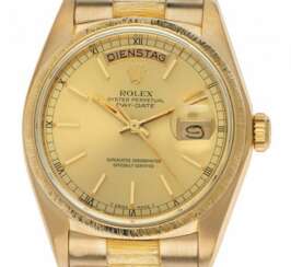 Rolex Day Date 18kt Gelbgold Automatik Armband Präsident 36mm Rindengravur open 6/9 Ref.18038 Vintage Bj.1981 Box&Pap. F