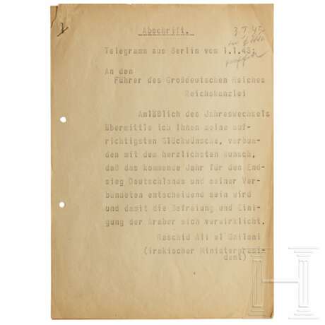 Raschid Ali al-Gailani - Abschrift des Glückwunschtelegramms des irakischen Ministerpräsidenten zum Jahreswechsel 1942/43 an Hitler - Foto 1