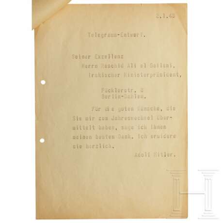 Raschid Ali al-Gailani - Abschrift des Glückwunschtelegramms des irakischen Ministerpräsidenten zum Jahreswechsel 1942/43 an Hitler - Foto 2