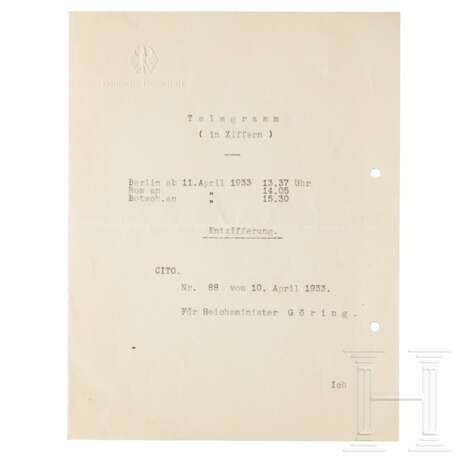 Benachrichtigungstelegramm Hitlers über Görings Ernennung zum Preußischen Ministerpräsident vom 10./11. April 1933 - Foto 1