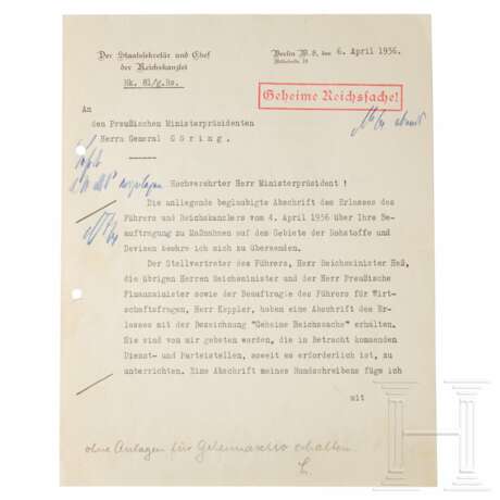 Übersendungsschreiben Hans Heinrich Lammers für die Beauftragung Görings zu "Maßnahmen auf dem Gebiet der Rohstoffe und Devisen" vom 6. April 1936 - photo 1