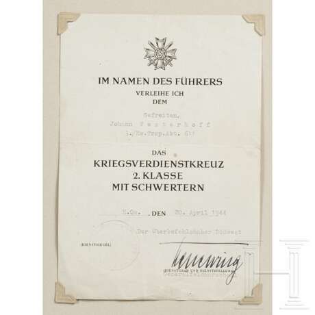 Gefr. Johann Westerhoff - KVK 2. Klasse mit Schwertern und Urkunde mit Original Unterschrift GFM Kesselring vom 20.4.1944 - фото 6