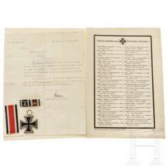 Eisernes Kreuz 2. Klasse am Band, Spange mit Miniatur-Wiederholung EK, ein Gückwunschschreiben zur Verleihung und ein 